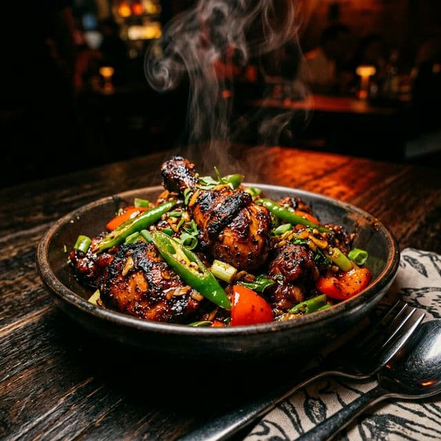 Sizzling chili chicken with wok-char edges