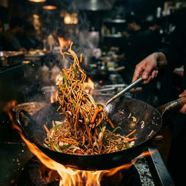 Glossy wok noodles in a circular crop