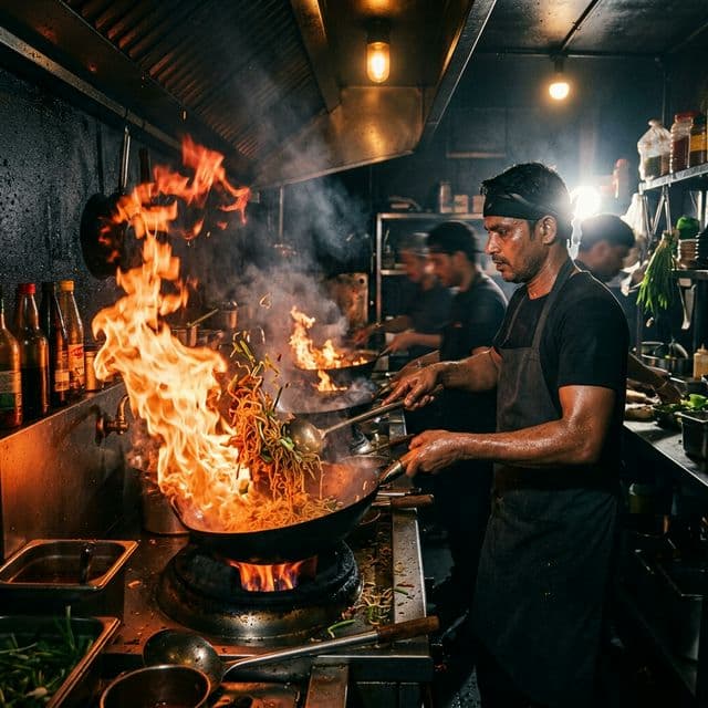 A fiery wok scene with dramatic restaurant lighting