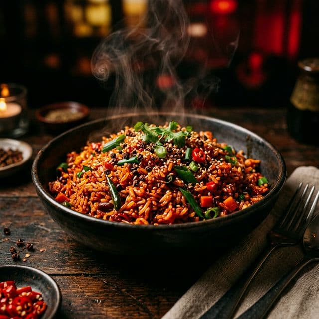 Schezwan rice with steam and ember tones
